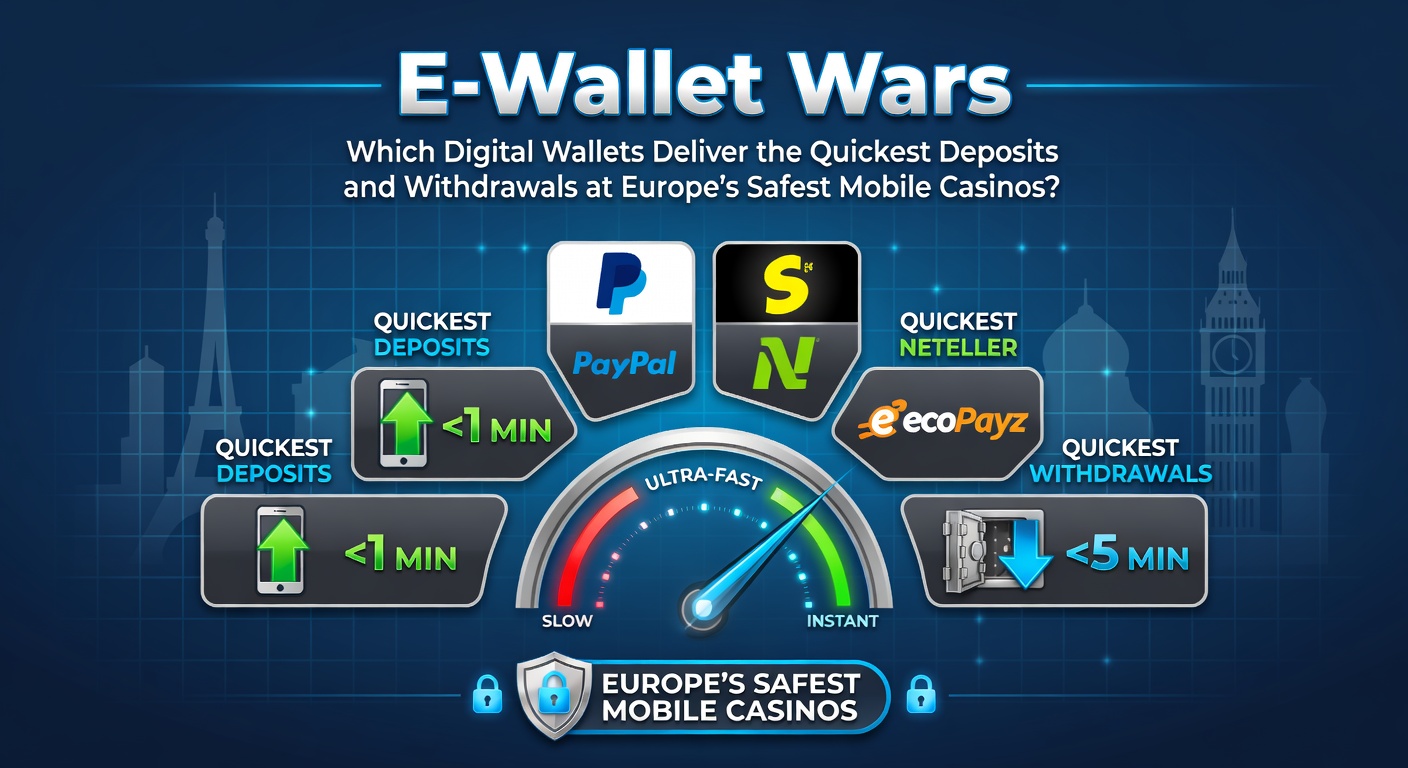 Comparison chart of e-wallet deposit and withdrawal speeds at top European mobile casinos, highlighting instant transactions and processing times