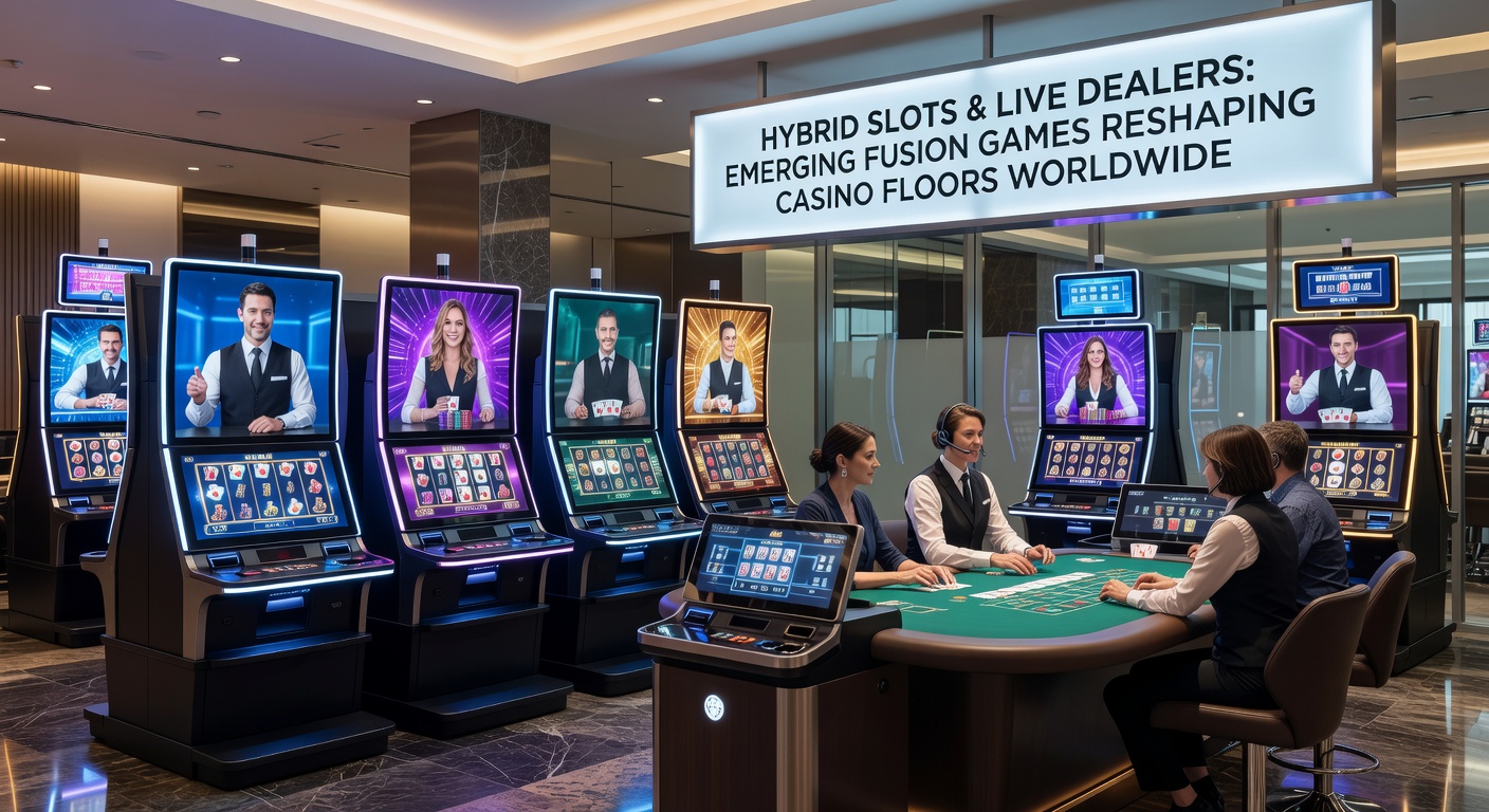 Vibrant casino floor featuring hybrid slot machines with live dealer screens, players engaged around glowing interfaces blending digital reels and real-time human interaction