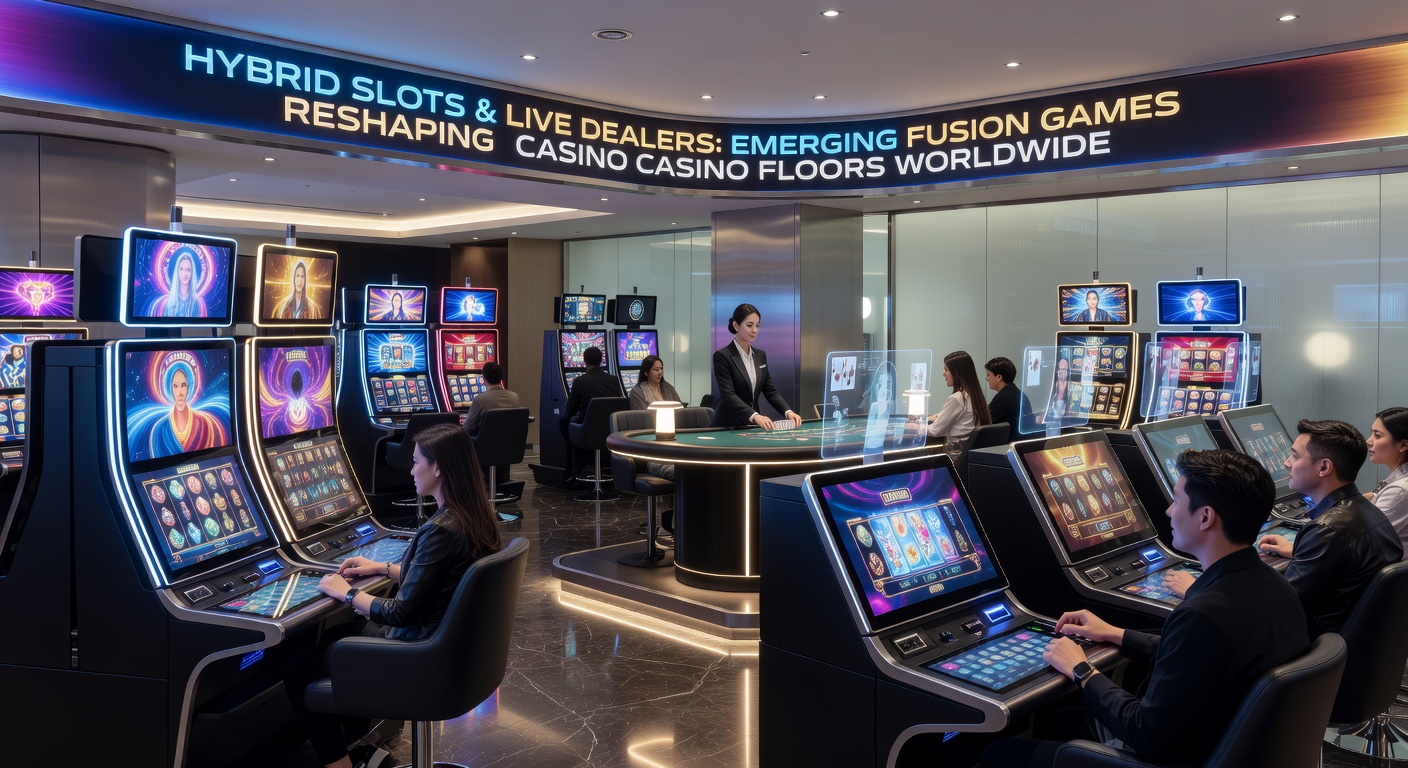 Close-up of a live dealer at a hybrid slot station, smiling confidently as she activates a bonus feature on a large touchscreen surrounded by excited players