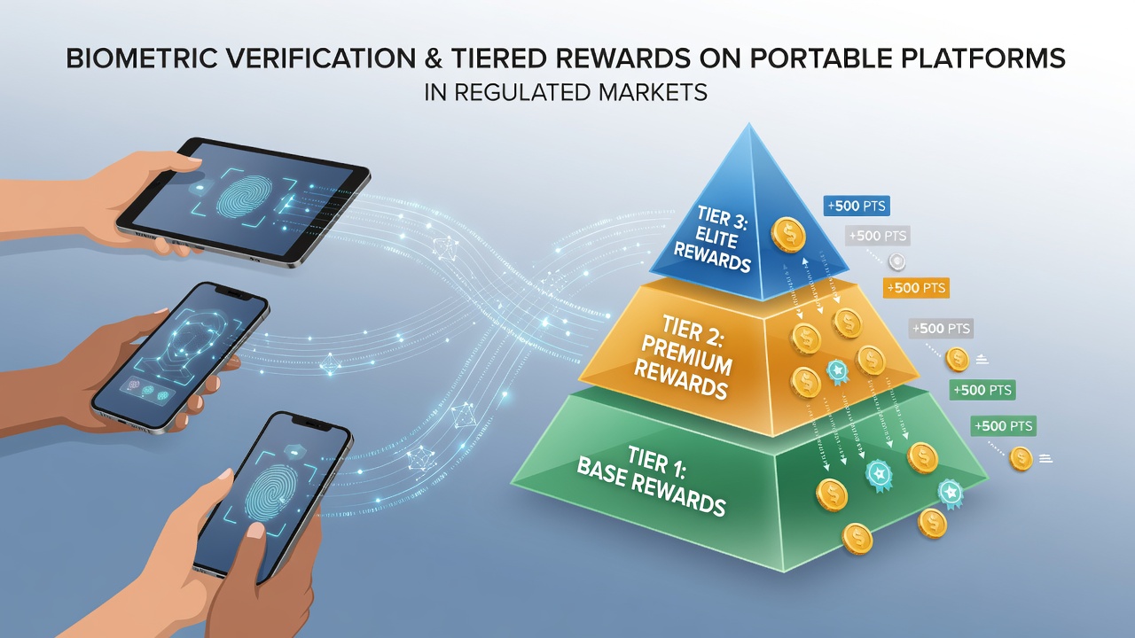 Biometric verification interface on a mobile gaming app showing facial recognition scan alongside tiered loyalty rewards dashboard