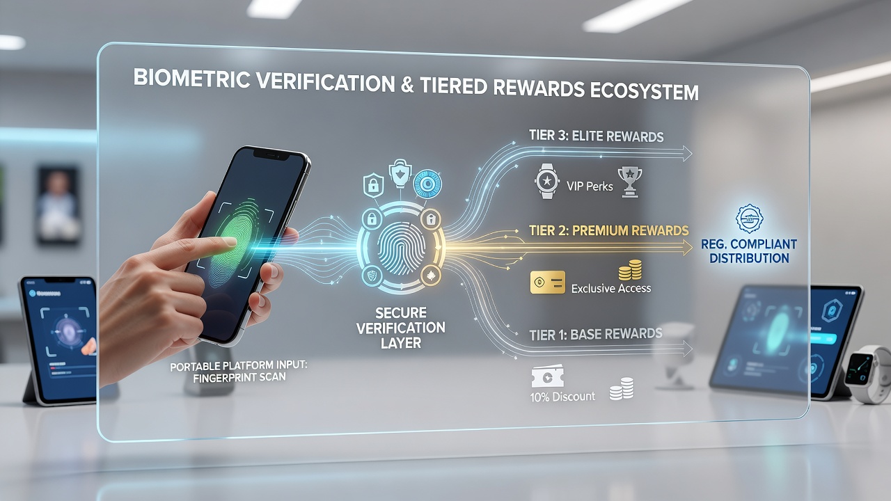 Mobile device screen displaying tiered reward levels with biometric lock icons and compliance status indicators in a regulated gaming app