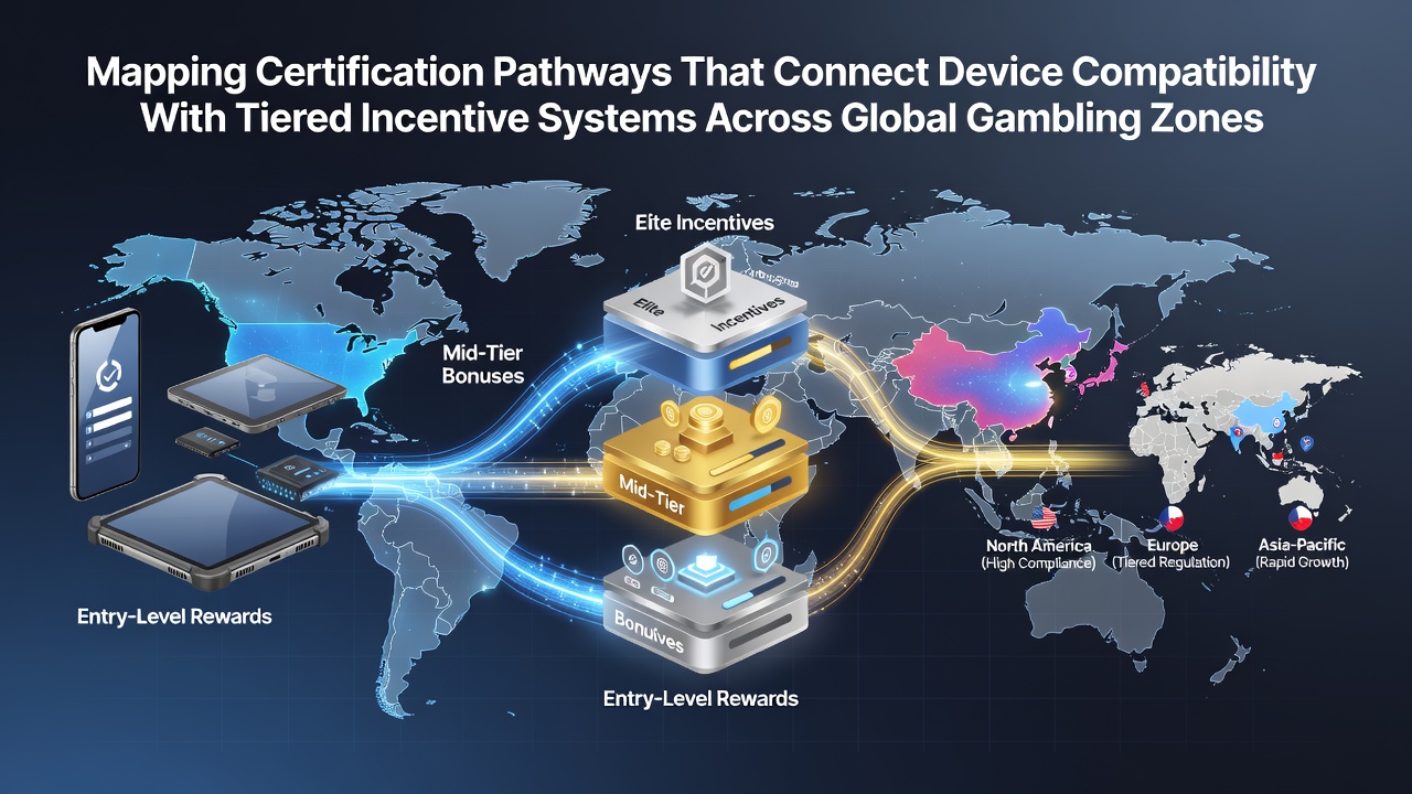 Diagram showing certification pathways linking device compatibility standards to tiered player incentive structures across international gambling jurisdictions