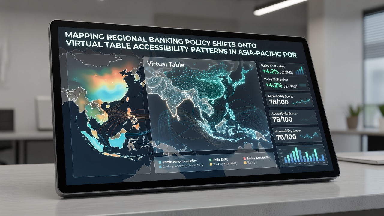 Mobile device screen showing virtual table interface with overlaid regional banking compliance indicators