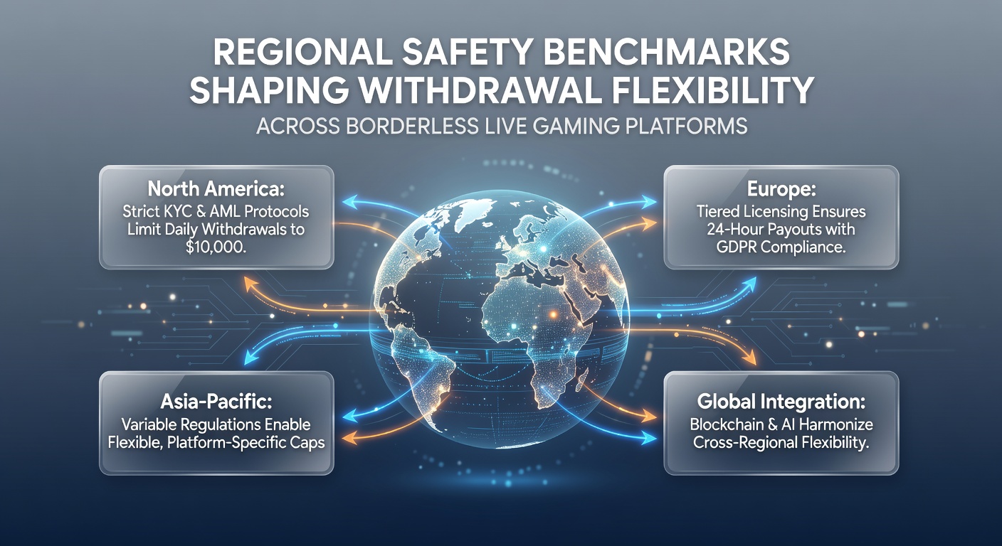 Global map highlighting regional safety standards influencing live gaming withdrawal systems