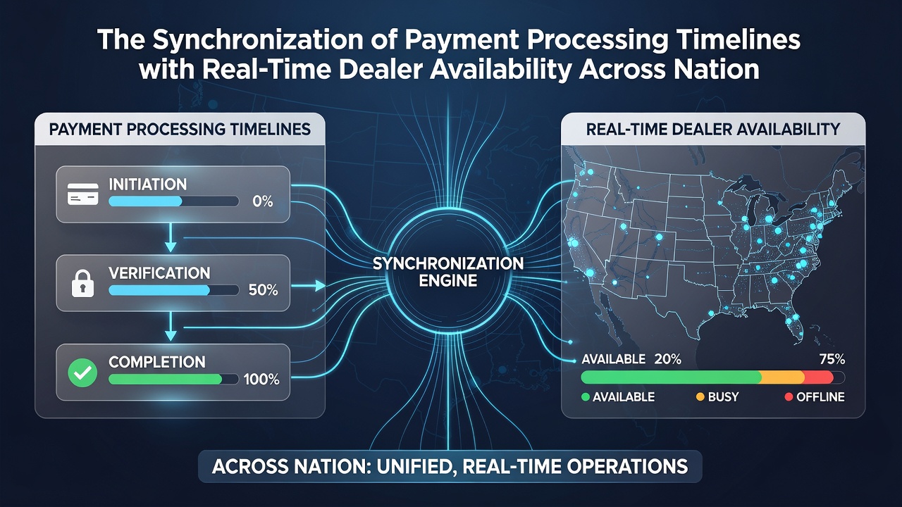 Diagram showing technical infrastructure linking payments and dealer availability on portable platforms